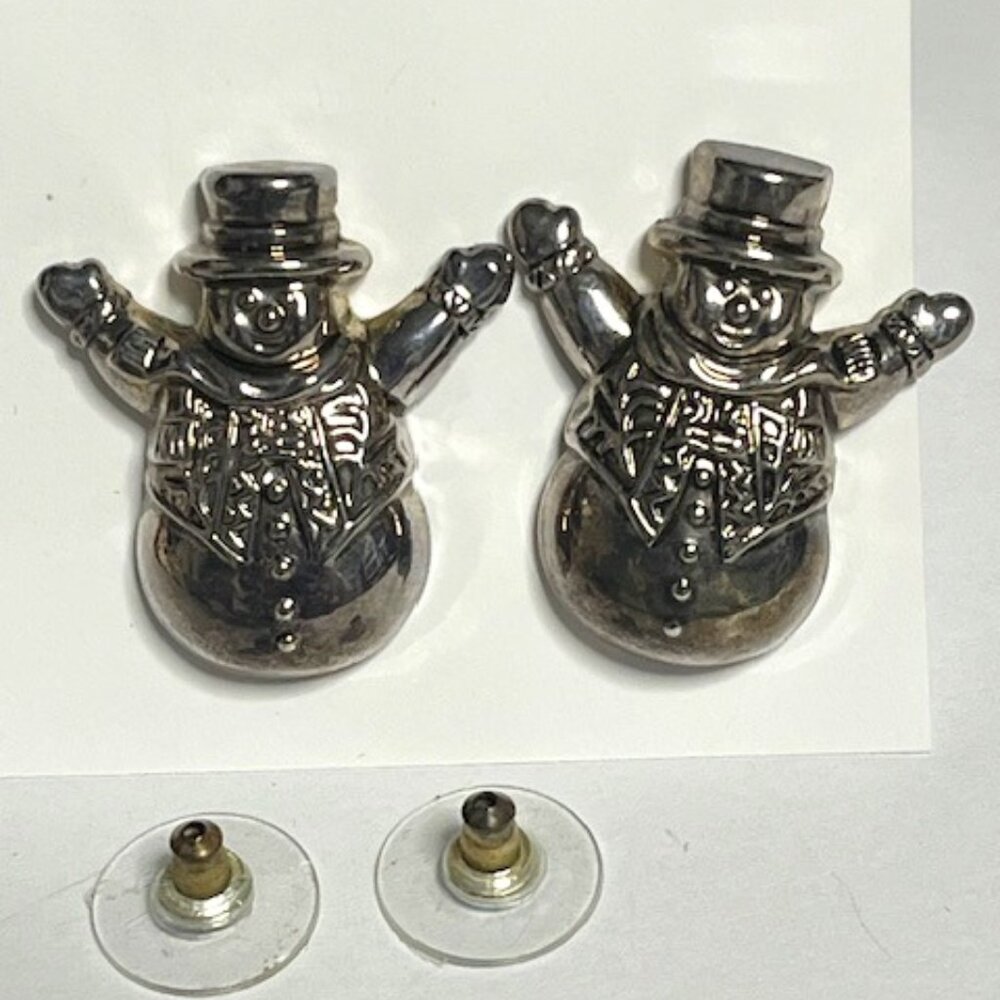 VTG Cheery Christmas Holiday Snowmen Silver Tone Metal Earrings Arms Raised 1"x1